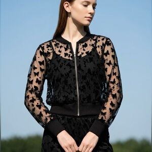 Black Sheer Zip-up Jacket with Embroidered Black Velvet Butterflies-1X.